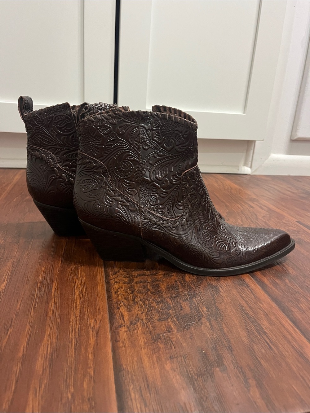 Gianni Bini Dark Brown Embossed Western Ankle Boots